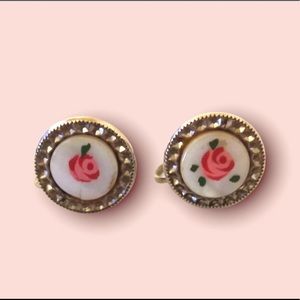 VTG Porcelain Enamel Rose Bloom Earrings, Vintage
